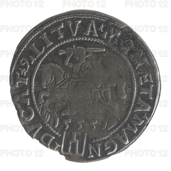 Lithuanian grosz, 1555. Obverse: crowned male bust in armour facing right, rim inscription divided at the top by a crown cross: .SIGIS.AVG.REX.POL.MAG.DVX.LIT. Reverse: Lithuanian Pursuit (Pogon) facing left, below the date 1555 and the Columns of Gediminas coat of arms dividing the rim inscription: .MONETA.MAGN - .DVCAT.9.LITVA. Maker/issuer: Sigismund II Augustus (King of Poland; 1544–1572). Style: 16th-century Polish–Lithuanian coin. Diameter approx. 24.6–25.0 mm; weight 2.12 g.