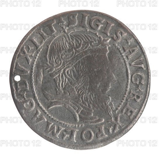 Obverse: Crowned male bust in armour with profile turned to the right, rim inscription divided at the top by a crown cross: .SIGIS.AVG.REX.POL.MAG.DVX.LIT. Reverse: Lithuanian Pogon (Pursuit) facing left, below the date 1556 and the Columns of Gediminas coat of arms dividing the rim inscription: .MONETA.MAGNI-DVCAT9.LITVA. Sigismund II Augustus (King of Poland, 1544–1572 / 1520–1572) — iconography: royal bust, coats of arms, Jagiellonian dynasty. Lithuanian grosz, 1556. Coin diameter ~24.2–24.6 mm, weight 2.31 g.