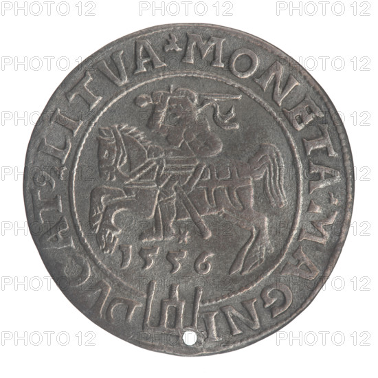 Lithuanian grosz, 1556. Obverse: crowned male bust in armour facing right, rim inscription divided at the top by a crown cross: SIGIS.AVG.REX.POL.MAG.DVX.LIT. Reverse: Lithuanian Pogon (Columns of Gediminas coat of arms) facing left, date 1556 below, rim inscription divided by the Columns coat of arms: MONETA.MAGNI-DVCAT9.LITVA. Maker: Sigismund II Augustus (King of Poland, Grand Duke of Lithuania, reign 1544–1572). Coin (Polish–Lithuanian), diameter ~24.2–24.6 mm, weight 2.31 g.