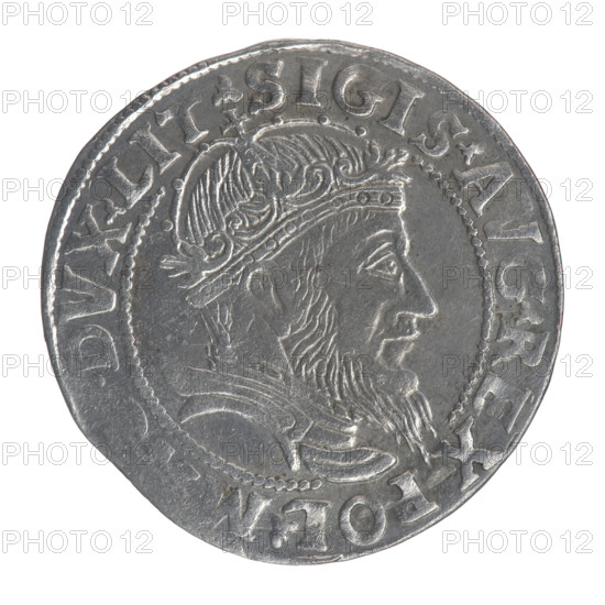 Lithuanian grosz on a Lithuanian foot, Sigismund II Augustus (King of Poland; 1544–1572), coats of arms, Jagiellons (dynasty), royal bust, Polish coins, Columns of Gediminas (coat of arms of Lithuania), Sigismund II Augustus (King of Poland; 1520–1572) — iconography, male busts, Pogon (coat of arms; Lithuania). Obv.: Crowned male bust in armour with profile turned to the right; in the rim an inscription divided at the top by a crown cross: .SIGIS.AVG.REX.POL., DVX.LIT. Rev.: Lithuanian Pursuit facing left; below the date 1555 and the Column coat of arms dividing the inscription in the rim: .MONETA.MAGNI - DVC, LITVA, 1555. Coin of the Grand Duchy of Lithuania; diameter 23.7–24.0 mm; weight 2.43 g.