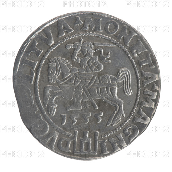 Lithuanian grosz, 1555. Obverse: crowned royal bust of Sigismund II Augustus in armour, profile turned right, rim inscription '.SIGIS.AVG.REX.POL., DVX.LIT'. Reverse: Lithuanian Pogon (Pursuit) facing left, Column of Gediminas coat of arms below date '1555', rim inscription '.MONETA.MAGNI - DVC, LITVA, 1555'. Jagiellon dynasty iconography; male bust; Polish–Lithuanian royal coin. Diameter ~23.7–24.0 mm; weight 2.43 g.