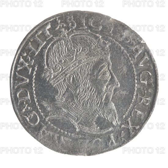 Lithuanian grosz on a Lithuanian foot, Sigismund II Augustus (King of Poland; 1544–1572), coats of arms, Jagiellonians (dynasty), royal bust, Polish coins, Sigismund II Augustus (King of Poland; 1520–1572) - iconography, Columns of Gediminas (coat of arms of Lithuania), male busts, Pogon (coat of arms; Lithuania). Obverse: Crowned male bust in armour with profile turned to the right; in the rim an inscription divided at the top by a crown cross: .SI. AVG. REX. P. AG. DVX. LIT. Reverse: Lithuanian Pursuit (Pogon) facing left, below the date 1559 and the Column coat of arms dividing the inscription in the rim: MONET. AGNI. DVCAT. V. 1559. Vilnius, Grand Duchy of Lithuania. Coin; diameter 24.0–24.7 mm; weight 2.08 g.