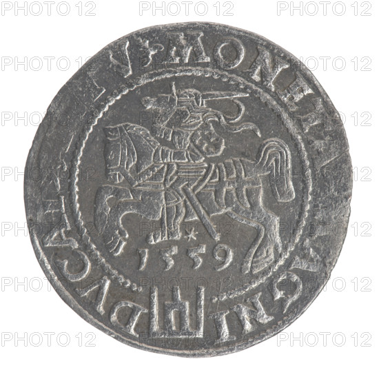 Lithuanian grosz, 1559. Obverse: crowned male bust in armour turned right; rim inscription divided at top by a crown cross: .SI. .AVG.REX.P AG.DVX.LIT. Reverse: Lithuanian knight (Pogon) facing left, below date 1559 and Columns of Gediminas coat of arms dividing rim inscription: MONET AGNI DVCAT V. Maker/issuer: Sigismund II Augustus (King of Poland; 1520–1572 / reign 1544–1572). Materials: silver coin; diameter ~24.0–24.7 mm; weight 2.08 g. Subjects/icons: royal bust, coats of arms, Jagiellonian dynasty, Columns of Gediminas.
