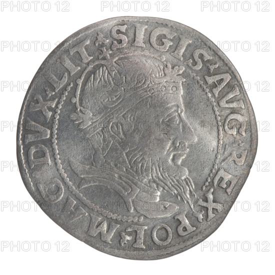 Lithuanian grosz, 1555. Obverse: crowned male bust of Sigismund II Augustus in armour, profile right; rim inscription divided at top by a crown cross: .SIGIS.AVG.REX.POL.MAG.DVX.LIT. Reverse: Lithuanian Pogon (Pursuit) facing left, below the date and the Columns of Gediminas dividing the rim inscription: .MONETA.MAGNI - DVCAT9.LITVA. Jagiellon dynasty iconography; Polish–Lithuanian coin of the Grand Duchy of Lithuania. Diameter ~23.8–24.8 mm; weight 2.32 g.
