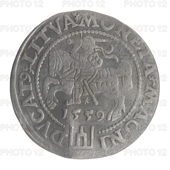 Lithuanian grosz, 1559. Obverse: crowned male bust in armour, profile to the right, rim inscription divided at top by a crown cross: SIGIS.AVG.REX.POL.MA. Reverse: Lithuanian Pogon (Pursuit) facing left, below the date 1559 and Columns of Gediminas coat of arms dividing the rim inscription: MONETA.MAGNI - DVCAT9.LITVA. Sigismund II Augustus (King of Poland, 1544–1572; b. 1520–d. 1572) — Jagiellonian dynasty. Polish–Lithuanian coin; Grand Duchy of Lithuania. Diameter approx. 24.3–24.6 mm; weight 2.28 g.