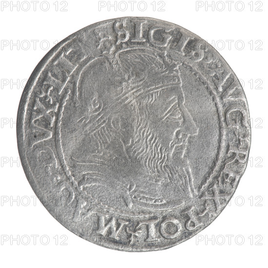 Lithuanian grosz on a Lithuanian foot, Sigismund II Augustus (King of Poland; 1544–1572), Jagiellonians (dynasty), coats of arms, royal bust, Polish coins, Sigismund II Augustus (King of Poland; 1520–1572) — iconography, male busts, Columns of Gediminas (coat of arms of Lithuania), Pogon (coat of arms; Lithuania). Obverse: Crowned male bust in armour with profile turned to the right; rim inscription divided at the top by a crown cross: .SIGIS.AVG.REX.POL.MAG.DVX.LIT. Reverse: Lithuanian Pogon facing left, below the date 1559 and the Columns coat of arms dividing the rim inscription: M, TA.MAGNI - DVCAT9.LITVA, 1559. Vilnius, Grand Duchy of Lithuania; coin; diameter 24.3–24.6 mm; weight 2.16 g.