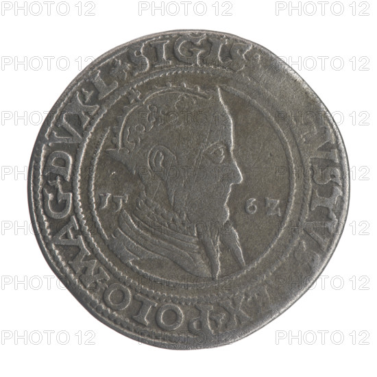 Lithuanian 6th coin, Sigismund II Augustus (King of Poland; 1544–1572), coats of arms, Jagiellons (dynasty), royal bust, Pogon (coat of arms; Lithuania), Sigismund II Augustus (1520–1572) — iconography, male busts, Columns of Giedymin (coat of arms). Obv.: Crowned male bust in armour turned right, dividing the year 15 - 6Z, inscription around: .SIGIS. VSTVS. EX.POLO. MAG. DUX. L. Rw.: Lithuanian Pursuit facing left, below the value number VI and the Column coat of arms dividing the inscription in the rim: .GROSSVS. SEXDVPL. - MAG. D. AT. LITV. 1562. Grand Duchy of Lithuania, Vilnius, Poland; coin. Diameter 30.4–31.0 mm; weight 14.45 g.
