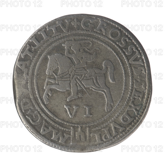 Lithuanian 6th coin, Sigismund II Augustus (King of Poland; 1544–1572), coats of arms, Jagiellons (dynasty), royal bust, Polish coins, Pogon (coat of arms; Lithuania), Sigismund II Augustus (King of Poland; 1520–1572) — iconography, male busts, Columns of Giedymin (coat of arms). Obv.: Crowned male bust in armour turned right, dividing the year 15 - 6Z, inscription around: .SIGISVSTVS.EX.POLO.MAG.DVX.L. Rev.: Lithuanian Pogon (Pursuit) facing left, below the value number VI and the Column coat of arms dividing the inscription in the rim: .GROSSVS.SEX.DVPL.MAG.D.AT.LITV., 1562. Grand Duchy of Lithuania, Vilnius, Poland; coin; diameter 30.4–31.0 mm; weight 14.45 g.