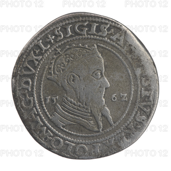 Lithuanian 6th coin, Sigismund II Augustus (King of Poland; 1544–1572), coats of arms, Jagiellon dynasty, royal bust, Pogon (coat of arms; Lithuania), Sigismund II Augustus (King of Poland; 1520–1572) — iconography, male busts, Columns of Gediminas (coat of arms). Obverse: Crowned male bust in armour turned right, dividing the year 15 - 6Z, inscription around the rim: .SIGIS.A,TVS.REX.POLO.MAG.DVX.L. Reverse: Lithuanian Pursuit (Pogon) facing left, below the value number VI and the Column coat of arms dividing the inscription in the rim: .GROSSVS. - VCAT.LITVA, 1562. Grand Duchy of Lithuania, Vilnius, Poland; coin; diameter 30.5–31.5 mm; weight 14.2 g.