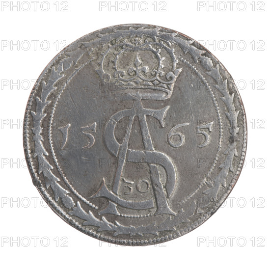 Lithuanian thaler (pólkopek) copy, Sigismund II Augustus (King of Poland; 1544–1572), Jagiellonian dynasty, royal monograms, monogram SA, copies, royal bust (iconographic), tied monograms, Polish coins, male busts. Obv.: Crowned male bust turned right. Rev.: Under the crown, a tied monogram composed of the letters SA divides the year 15 - 65, below the number of values 30. Date: 1565/19th century. Place: Grand Duchy of Lithuania, Vilnius (for the original). Coin, copy. Diameter 38.3–38.5 mm, weight 28.02 g.