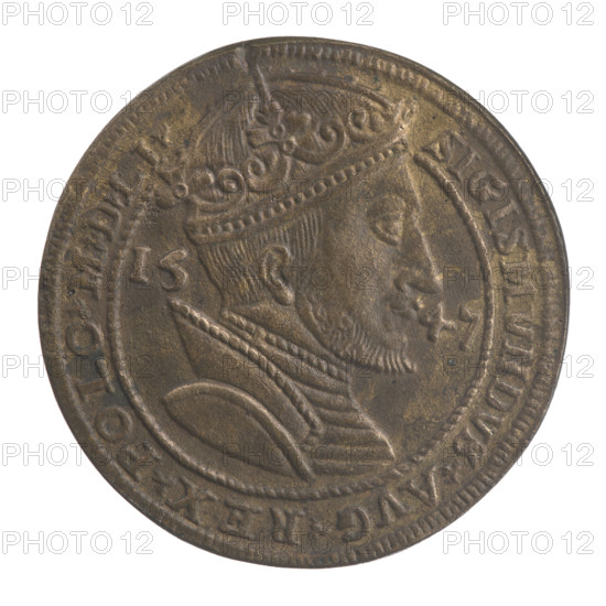 Thaler (half-kopek) copy from a forgery of Sigismund II Augustus (King of Poland; 1544–1572); forged creator; original creator Józef Majnert (1813–1879); Jagiellonian dynasty; forgeries. Subjects and motifs: coats of arms; royal male bust (iconographic), crowned male bust in armour turned right on obverse, dividing the years 15 - 47 and dividing the rim inscription: SIGISMVNDVS.AVG.REX.POLO.MDLI. Reverse: under the crown five coats of arms, inscription around: DEVS.IN.VIRTVTE.TVA.LETABITVR.REX. Date: 1547/before 1879. Medium/function: coin, copy (of Józef Majnert's forgery). Measurements: diameter 41.0 mm / 41.3 mm; weight 26.76 g. Poland.