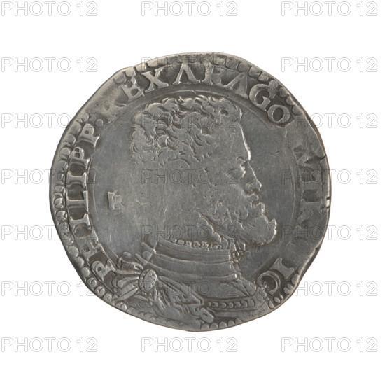 Lithuanian half thaler (mezzo ducato with countersignature), Sigismund II Augustus (King of Poland; 1544–1572), countersignature by Giovanni Battista Ravaschiero (fl. 1525–1560), mezzo ducato for Philip II Habsburg (King of Naples and Sicily; 1554–1598). Habsburgs, Jagiellons, coats of arms, royal bust, countermarks (numismatics), Polish coins, countersignatures, male busts, heraldic shields under a crown. Obverse: male bust in armour turned right, separating inscription in rim at bottom: PHILIPP.REX ARAGO, VTRI, IC; left in coin field the mintmaster's tied monogram IBR Rw; crowned oval ornamental multi-field heraldic shield, divided rim inscription: .SICIL.ET - HIERVSAL. Reverse: countersignature of King Sigismund Augustus — tied monogram SA in rim under crown dividing the year 15 - 64 (1554–1564). Grand Duchy of Lithuania (countersignature), Vilnius (countersignature), Kingdom of Naples (for mezzo ducato), Naples, Poland. Coin diameter 34.0 mm and 34.8 mm; weight 14.55 g.