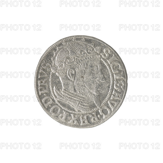 Gdansk grosz, Sigismund II Augustus (King of Poland; 1544–1572), Jagiellon dynasty. Obverse: Crowned male bust in profile turned to the right; in the rim between pearl-shaped borders an inscription divided at the top: SIGIS.AVG.REX.PO.D.PRVS. Reverse: Coat of arms of Gdansk; in the rim between pearl-shaped borders an inscription: GROSSVS.CIVI.GEDANEN.1557. Date: 1557. Poland, Gdansk. Coin. Diameter 22.2–22.5 mm. Weight 1.83 g.