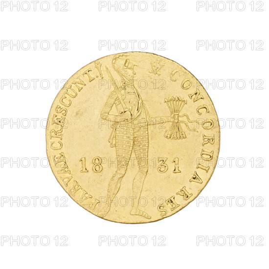 November Uprising ducat by Karol Gronau (1783–1834), 1831. Obverse: knight in armour standing right holding a bunch of arrows in his left hand and a sword in his right; year split at sides: 18-31; rim inscription divided at top by the head and bottom by the figure’s legs, with a Polish eagle at the beginning of the legend, inscription CONCORDIA RES-PARVAE CRESCUNT, and a burning torch at the end. Reverse: within a frame surrounded by a wreath, four-line inscription: MO.AUR. / REG BELGII / AD LEGEM / IMPERII. Coin, Warsaw, Poland; diameter 21.3 mm; weight 3.48 g.