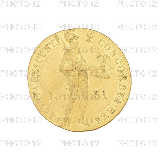 November Uprising ducat, Karol Gronau (1783–1834), Warsaw, 1831. Obverse: Knight in armor standing right, holding a bunch of arrows in his left hand and a sword in his right; date on sides '18-31'; rim inscription divided at top by the head and at bottom by the figure's legs, beginning with a Polish eagle and reading 'CONCORDIA RES-PARVAE CRESCUNT'; burning torch at end of legend. Reverse: Inscription in a framed wreath in four lines 'MO. AUR. / REG BELGII / AD LEGEM / IMPERII.' Coin; diameter 21.8 mm; weight 3.49 g.