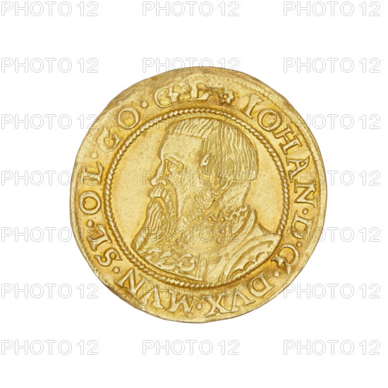 Ducat of Jan (Duke of Ziebice and Olesnica; r. 1536–1565), Silesia, 1561. Obverse: bust of Duke Jan with a long beard, in rich attire, left, within a pearl border; rim inscription between pearl-shaped rims, divided by a rosette: IOHAN.DGDVX.MVNST.SLE.OLS.COM.GLA*. Reverse: under the date 1561, a five-field coat of arms of the Duchy of Ziebice–Olesnica (two Silesia eagles, a chessboard, diagonal stripes and, in the heart field, horizontal stripes; the Silesia eagle and the diagonal and horizontal stripes also represent Zloty Stok and the Podebradowicz family). Plant motifs flank the coat of arms; rim inscription divided by a rosette between two pearl rims: MONETA.AVREA.NOVA.REICHSTEIN. Duchy of Olesnica (1313–1884). Coin; diameter 22.7 mm; weight 3.52 g.