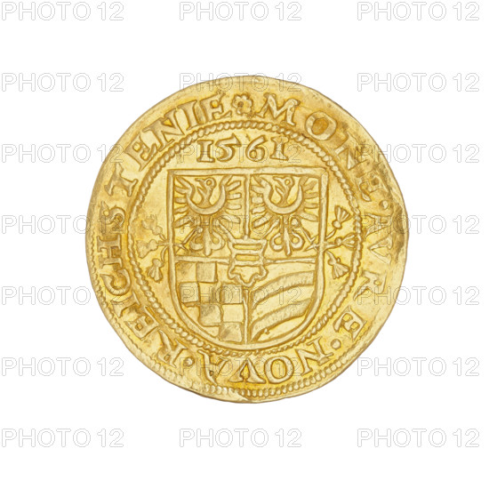 Obv.: bust of Duke Jan (Duke of Ziebice and Olesnica; reign 1536–1565), with a long beard, in rich attire, left, in a pearl border; rim inscription between pearl-shaped rims, divided by a rosette: IOHAN.DGDVX.MVNST.SLE.OLS.COM.GLA* Reverse: in the pearl-shaped rim, under the date 1561, a five-field coat of arms of the Duchy of Ziebice–Olesnica (two coats of arms of Silesia, a chessboard, diagonal stripes and, in the heart field, horizontal stripes; the Silesia and the diagonal and horizontal stripes are also the coat of arms of Zloty Stok and of the Podebradowicz family). On both sides of the coat of arms there are plant motifs; rim inscription divided by a rosette between two pearl rims: MONETA.AVREA.NOVA.REICHSTEIN, 1561. Silesia (historical region), Duchy of Olesnica (1313–1884), Zloty Stok; coin; diameter 22.7 mm; weight 3.52 g.