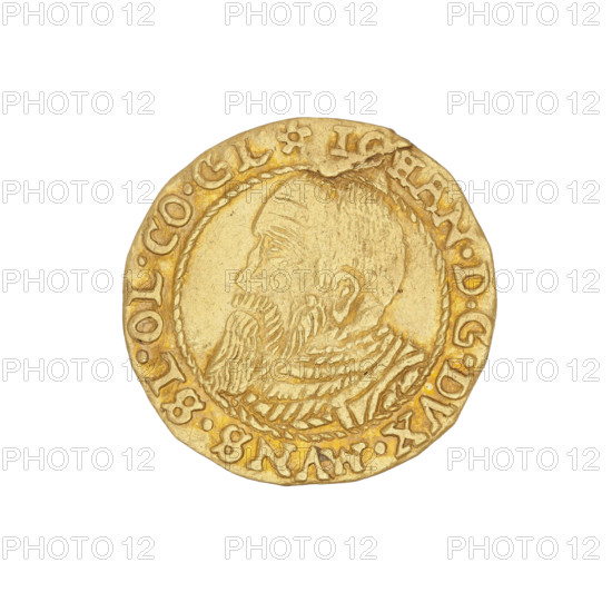 Ducat of Jan (Duke of Ziebice and Olesnica; 1536–1565), Silesia, Olesnica — Obverse: bust of Duke Jan with a long beard, in rich attire, facing left, in a pearl border; rim inscription between pearl-shaped rims, divided by a rosette: IOHAN.DGDVX.MVNST.SLE.OLS.COM.GLA. Reverse: in the pearl-shaped rim, under the date 1562, a five-field coat of arms of the Duchy of Ziebice–Olesnica (two Silesian eagle fields, a chessboard, diagonal stripes and, in the heart field, horizontal stripes; the Silesian eagle and the diagonal and horizontal stripes correspond to the arms of Zloty Stok and the Podebradowicz family). Plant motifs flank the coat of arms; rim inscription divided by a rosette between two pearl rims: MONETA.AVREA.NOVA.REICHSTEIN. Date: 1562. Duchy of Olesnica (1313–1884). Coin; diameter 21.2 mm; weight 3.03 g.