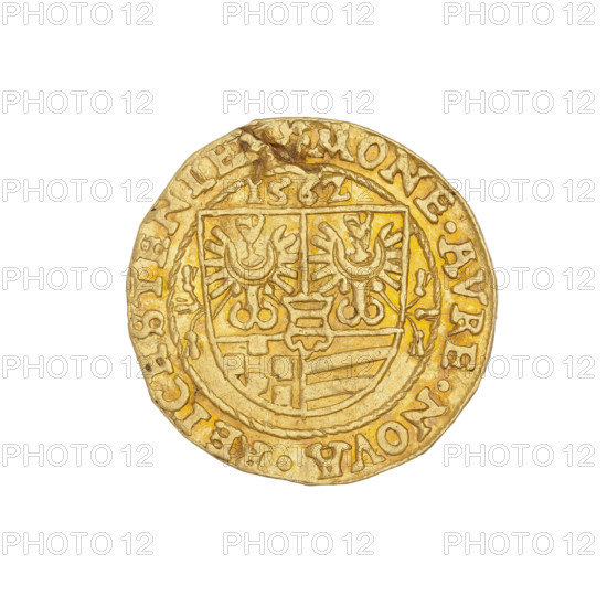 Ducat of Jan (Duke of Ziebice and Olesnica; 1536–1565), Silesia, 1562. Obverse: bust of Duke Jan with a long beard, in rich attire, left, in a pearl border; rim inscription between pearl-shaped rims, divided by a rosette: IOHAN.DGDVX.MVNST.SLE.OLS.COM.GLA*. Reverse: in the pearl-shaped rim, under the date 1562, a five-field coat of arms of the Duchy of Ziebice–Olesnica (two coats of arms of Silesia, a chessboard, diagonal stripes and, in the heart field, horizontal stripes; the Silesia arms and the diagonal and horizontal stripes are also the arms of Zloty Stok and the Podebradowicz family). Plant motifs flank the coat of arms; rim inscription divided by a rosette between two pearl rims: MONETA.AVREA.NOVA.REICHSTEIN. Coin: diameter 21.2 mm, weight 3.03 g.