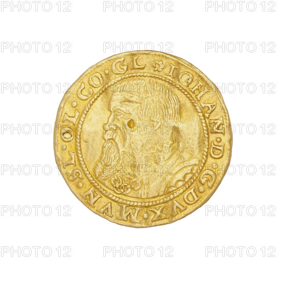 Ducat of Jan (Duke of Ziebice-Olesnica; reign 1536–1565), 1563. Obverse: bust of Duke Jan with long beard in rich attire, facing left, within a pearl rim; rim inscription divided by a rosette: IOHAN.DGDVX.MVNST.SLE.OLS.COM.GLA*. Reverse: within a pearl rim, five coats of arms of the Duchy of Ziebice-Olesnica (two Silesian eagles, a chessboard, diagonal stripes, and a heart field with horizontal stripes; the Silesian eagle and the diagonal and horizontal stripes also represent Zloty Stok and the Podebradowicz family); date 15-63 at left and right of the field; inscription divided by a rosette between two pearl rims: MONETA.AVREA.NOVA.REICHSTEIN. Materials/measurements: coin (ducat), diameter 21.7 mm, weight 3.50 g.