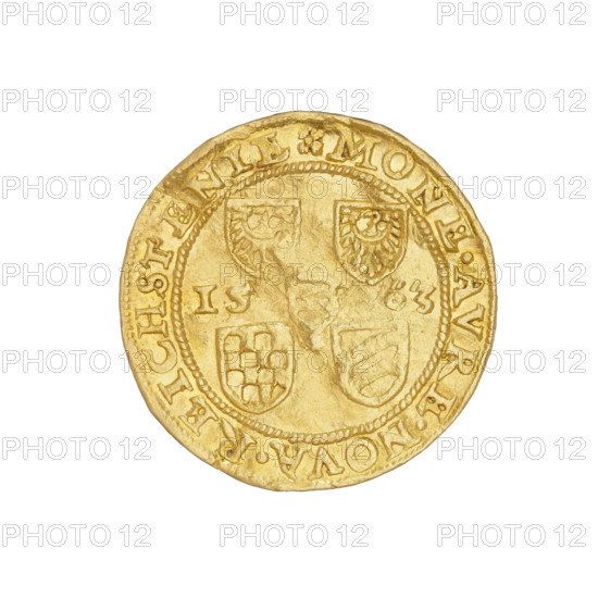 Ducat of Jan (Duke of Ziebice-Olesnica; 1536–1565), 1563. Obverse: bust of Duke Jan with long beard in rich attire, facing left, within a pearl rim; rim inscription divided by a rosette: IOHAN.DGDVX.MVNST.SLE.OLS.COM.GLA*. Reverse: within a pearl rim, five coats of arms of the Duchy of Ziebice-Olesnica (two Silesian coats of arms, a chessboard, diagonal stripes, and a heart field with horizontal stripes; the Silesian coat of arms and the diagonal and horizontal stripes also representing Zloty Stok and the Podebradowicz family); date 15-63 at left and right of the field; inscription divided by a rosette between two pearl rims: MONETA.AVREA.NOVA.REICHSTEIN. 1563. Silesia, Duchy of Olesnica (1313–1884), Zloty Stok; coin; diameter 21.7 mm; weight 3.50 g.