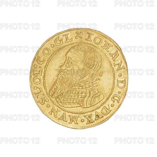 Ducat of Jan (Duke of Ziebice–Olesnica; reign 1536–1565), Silesia, 1564. Obverse: bust of Duke Jan with long beard, in rich attire, facing left, within a pearl rim; rim inscription divided by a rosette: IOHAN.DGDVX.MVNST.SLE.OLS.COM.GLA*. Reverse: within a pearl rim, five coats of arms of the Duchy of Ziebice–Olesnica (two Silesian eagles, a chessboard field, diagonal stripes, and a heart field with horizontal stripes; the Silesian eagle and the diagonal/horizontal stripes also represent Zloty Stok and the Podebradowicz family); date 15–64 at left and right of the field. Inscription divided by a rosette between two pearl rims: MONETA.AVREA.NOVA.REICHSTEIN. Coin type: ducat; Duchy of Olesnica (1313–1884), Zloty Stok. Diameter 22.0 mm; weight 3.42 g.
