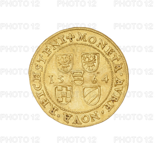 Ducat, Jan (Duke of Ziebice-Olesnica; 1536–1565). Silesia, Olesnica. Obverse: bust of Duke Jan with long beard, in rich attire, facing left, within a pearl rim; rim inscription divided by a rosette: IOHAN.DGDVX.MVNST.SLE.OLS.COM.GLA*. Reverse: within a pearl rim, five coats of arms of the Duchy of Ziebice-Olesnica (two Silesian eagles, a chessboard, diagonal stripes, and a central field with horizontal stripes; the Silesian eagle and the diagonal and horizontal stripes also represent Zloty Stok and the Podebradowicz family); date 15-64 on left and right of the field. Inscription divided by a rosette between two pearl rims: MONETA.AVREA.NOVA.REICHSTEIN, 1564. Duchy of Olesnica (1313–1884). Coin (ducat), diameter 22.0 mm, weight 3.42 g.