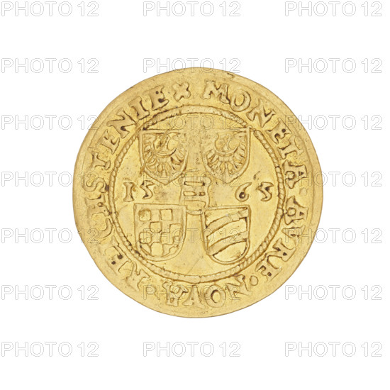Ducat of Jan (Duke of Ziebice-Olesnica; 1536–1565), 1565. Obverse: bust of Duke Jan with long beard in rich attire, facing left, within a pearl rim; rim inscription divided by a rosette: IOHAN.DGDVX.MVNST.SLE.OLS.COM.GLA*. Reverse: within a pearl rim, five coats of arms of the Duchy of Ziebice-Olesnica (two Silesian arms, a chessboard, diagonal stripes, and a heart field with horizontal stripes; the Silesian, diagonal and horizontal stripes also represent Zloty Stok and the Podebradowicz family); date 15-65 at left and right of the field; inscription divided by a rosette between two pearl rims: MONETA.AVREA.NOVA.REICHSTEIN. Material: coin; diameter 21.8 mm; weight 3.53 g.