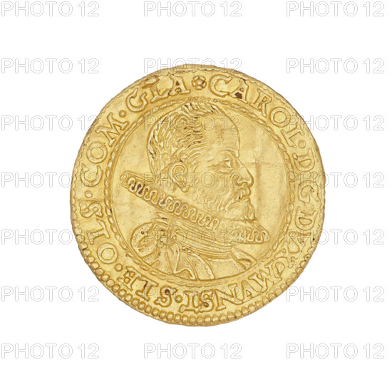Ducat of Charles II, Duke of Ziebice–Olesnica (Charles II, Duke of Olesnica; 1587–1617). Obverse: male bust in armour with a sash, wide ruff and long beard, turned right; rim inscription beginning with a rosette: 'CAROL.D:G.DVX.MVNST.ET.OLS:COM:GLA.' Reverse: five-field coat of arms of the Duchy of Ziebice–Olesnica, with the Podebrady (Podebradowicz) coat of arms in the heart field; rim inscription between pearl borders: 'DOMINVS (cross) FORTITVDO (cross) MEA (cross) 1.5.9.3. (cross)'. Date: 1593. Place: Silesia, Duchy of Olesnica. Mint: Zloty Stok. Coin (Silesian), diameter ~22.5–22.7 mm, weight 3.51 g.