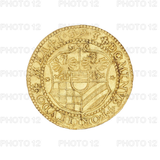 Ducat of Charles II (Duke of Ziebice–Olesnica; 1587–1617). Obverse: Male bust in armour with a sash, wide ruff and long beard, turned right; rim inscription beginning with a rosette: 'CAROL.D:G.DVX.MVNST.ET.OLS:COM:GLA.' Reverse: Five-field coat of arms of the Duchy of Ziebice–Olesnica with the Podebrady (Podebradowicz) coat of arms in the heart field; rim inscription: 'DOMINVS (cross) FORTITVDO (cross) MEA (cross) 1.5.9.3. (cross)'. Date: 1593. Place: Silesia, Duchy of Olesnica. Material: coin; diameter ~22.5–22.7 mm; weight 3.51 g.