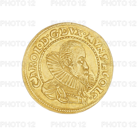 Ducat, Charles II (Duke of Ziebice–Olesnica; 1587–1617). Obverse: male bust in armour with a sash, wide ruff and long beard, turned right; rim inscription divided at the bottom by the bust: 'CAROL.D:G.DVX.MVNS.ET.OLS'. Reverse: five-field coat of arms of the Duchy of Ziebice–Olesnica with the Podebradowicz coat of arms in the heart field; rim inscription between pearl borders: 'CO.GLA.SVP.PERVT.SIL.CAP.6II'. Dated 1611. Silesia, Duchy of Olesnica (1313–1884), Olesnica. Coin; diameter 22.5 mm; weight 3.43 g.