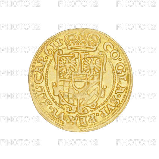 Ducat, Charles II (Duke of Ziebice–Olesnica; 1587–1617). Obverse: male bust in armour with a sash, in a wide ruff and with a long beard, turned right; rim inscription between pearl borders divided at the bottom by the bust: CAROL.D:G.DVX.MVNS.ET.OLS. Reverse: five-field coat of arms of the Duchy of Ziebice–Olesnica with the Podebradowicz coat of arms in the heart field; rim inscription between pearl borders: CO.GLA.SVP.PERVT.SIL.CAP.6II. 1611. Silesia, Duchy of Olesnica (1313–1884), Olesnica. Coin; diameter 22.5 mm; weight 3.43 g.
