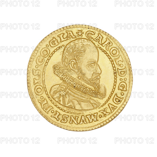 Ducat, Charles II (Duke of Ziebice–Olesnica; 1587–1617). Obverse: male bust in armour with a sash, wide ruff and long beard, turned right; rim inscription beginning with a rosette: CAROL.D:G.DVX.MVNST.ET.OLS:CO:GLA. Reverse: five-field coat of arms of the Duchy of Ziebice–Olesnica with the Podebradowicz arms in the heart field; rim inscription twice divided by a shield: SVP.PER.VT. - SIL.CAP.611. Date: 1611. Silesia, Duchy of Olesnica. Coin; diameter 23.0 mm; weight 3.47 g.