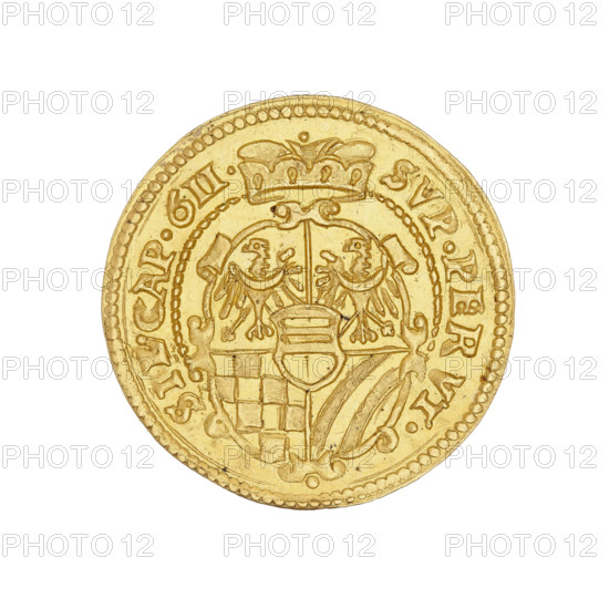 Ducat, Charles II (Duke of Ziebice–Olesnica; 1587–1617). 1611. Obverse: male bust in armour with a sash, wide ruff and long beard, turned right; rim inscription beginning with a rosette: CAROL.D:G.DVX.MVNST.ET.OLS:CO:GLA. Reverse: five-field coat of arms of the Duchy of Ziebice–Olesnica, with the Podebradowicz coat of arms in the heart field; rim inscription twice divided by a shield: SVP.PER.VT. - SIL.CAP.611. Coin (Silesia, Duchy of Olesnica), diameter 23.0 mm, weight 3.47 g.