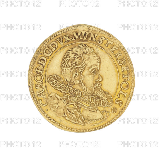 Ducat of Charles II, Duke of Olesnica (1587–1617). Obverse: male bust in armour with a sash, wide ruff and long beard, turned right; rim inscription beginning with a rosette: 'CAROL.D:G.DVX.MUNST.ET.OLS:CO:GLA.' Reverse: five-field coat of arms of the Duchy of Ziebice–Olesnica with the Podebrady (Podebradowicz) arms in the heart field; rim inscription at top divided by a shield: 'CO.CLA.SVRVTR.SILES.CAPIT.1612.' Date: 1612. Silesia, Duchy of Olesnica. Coin; diameter ~22.8–23 mm; weight 3.49 g.