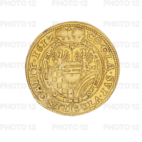 Ducat of Charles II, Duke of Olesnica (1587–1617). Obverse: male bust in armour with a sash, wide ruff and long beard, turned right; rim inscription beginning with a rosette: 'CAROL.D:G.DVX.MVNST.ET.OLS:CO:GLA.' Reverse: five-field coat of arms of the Duchy of Ziebice–Olesnica with the Podebrady (Podebradowicz) arms in the heart field; rim inscription at top divided by a shield: 'CO.CLA.SVRVTR.SILES.CAPIT.1612.' Date: 1612. Silesia, Duchy of Olesnica. Coin; diameter c. 22.8–23 mm; weight 3.49 g.