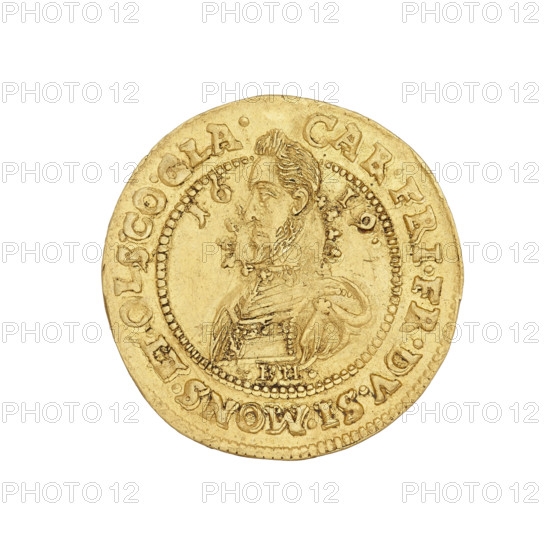 Ducat featuring Henryk Waclaw and Karol Fryderyk; Silesia (historical region), Duchy of Olesnica (1313–1884), Olesnica. Obverse: bust of Henryk Waclaw right, in armour, wearing a ruff and a pearl rim; ruler's head divided by inscription '.MO.AVR.D:G.HEINEI.WENC.' Reverse: bust of Karol Fryderyk left, in armor, in a carthusian coat of arms, date 1619 at left and right of the head; ruler's head divided by inscription 'CAR.FRI.DV.SI.MONS.ET.OLS.CO:GLA.' Date: 1619. Coin (ducat), diameter 22.6 mm, weight 3.46 g.
