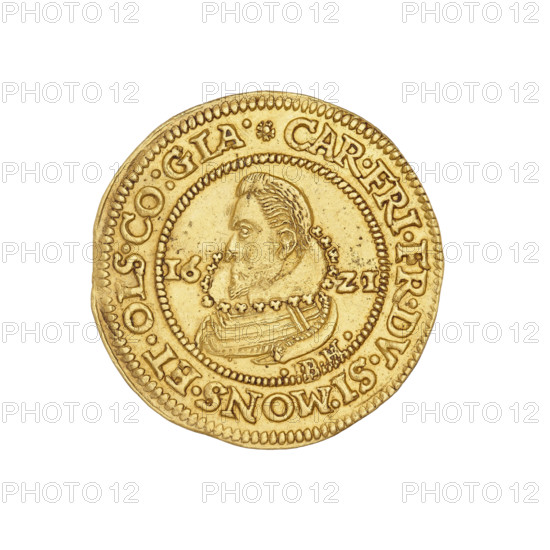 Ducat, obverse: bust of Henryk Waclaw right, in armour, ruff, pearl rim; rosette divided by rim inscription '.MON.AVREA.D:G.HEINRI.WENC.' Reverse: bust of Charles Frederick left, in armour, wearing a Carthusian coat of arms; date 1621 at left and right of head; rim inscription 'CAR.FRI.FR.DV.SI.MONS.ET.OLS.CO:GLA.' Inscribed 1621. Silesia — Duchy of Olesnica. Materials/attributes: coin (ducat), diameter 22–22.2 mm, weight 3.44 g. Historical persons: Henryk Waclaw (Duke of Olesnica; 1592–1639), Charles Frederick (Duke of Olesnica; 1689–1761).