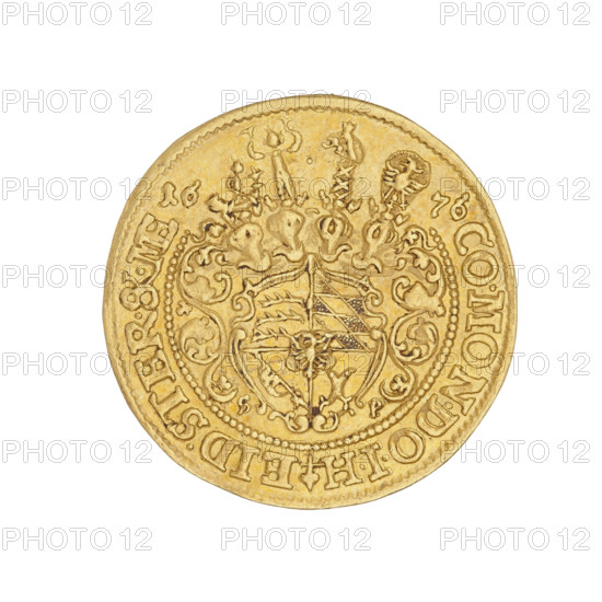 Ducat, Sylwiusz Fryderyk (Duke of Olesnica; 1651–1697). Obverse: bust of the ruler facing right, with long hair, in armor; rim inscription interrupted by the head: SYLVI.FRIDD.DGDUX.WIRT.TISOLS. Reverse: coat of arms of the Duchy of Württemberg (five-field escutcheon with the coats of arms of Württemberg; County of Teck; Battle Banner of the Empire; County of Mömpelgard (Montbéliard) and in the heart field the coat of arms of Silesia), four jewels at the top, date 16 - 76 beside the jewels; vegetation ornaments on the sides and bottom of the shield, letters S - P at the bottom on both sides of the shield; rim inscription at the top interrupted by jewels: CO.MONDO.IH (cross with a heart) EID.STER.SL.ME, 1676. Silesia, Duchy of Olesnica (1313–1884), Olesnica. Coin, dia. 23.6 mm, weight 3.45 g.
