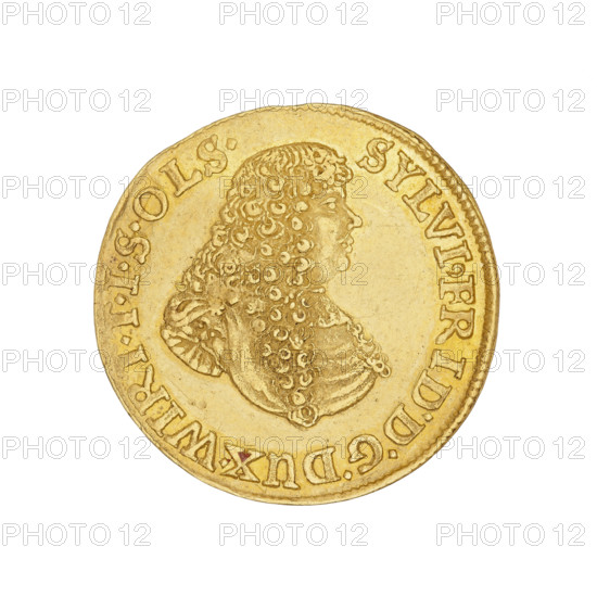 Ducat of Sylwiusz Fryderyk (Duke of Olesnica; 1651–1697), 1675. Obverse: bust of the ruler facing right, with long hair, in armor; rim inscription interrupted by the head: SYLVI.FRIDD.DGDUX.WIRT.TISOLS. Reverse: five-field escutcheon of the Duchy of Württemberg (coats of arms of Württemberg; County of Teck; Battle Banner of the Empire; County of Mömpelgard (Montbéliard); heart field with the coat of arms of Silesia), four jewels at the top with the date 16 - 75 between them; vegetation ornaments at sides and bottom of the shield; letters S - P flanking the base of the shield; rim inscription at top interrupted by jewels: CO.MONDO.IH (cross with a heart) EID.STER.SL.ME. Silesia, Duchy of Olesnica (1313–1884). Coin; diameter 23.2 mm; weight 3.43 g.
