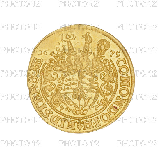 Obverse: bust of the ruler Sylwiusz Fryderyk (Duke of Olesnica; 1651–1697) facing right, with long hair, in armor; rim inscription interrupted by the head: SYLVI.FRIDD.DGDUX.WIRT.TISOLS. Reverse: five-field escutcheon of the Duchy of Württemberg (coats of arms of Württemberg; County of Teck; Battle Banner of the Empire; County of Mömpelgard (Montbéliard) and in the heart field the coat of arms of Silesia), four jewels at the top, date 16 - 75 beside the jewels; vegetation ornaments at the sides and bottom of the shield, letters S - P at the bottom on both sides of the shield; rim inscription at the top interrupted by jewels: CO.MONDO.IH (cross with a heart) EID.STER.SL.ME, 1675. Silesia, Duchy of Olesnica (1313–1884). Coin (ducat), diameter 23.2 mm, weight 3.43 g.