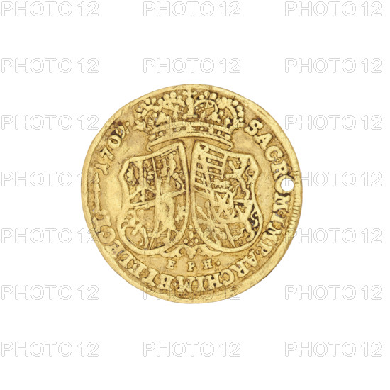 1/2 Saxon-Polish ducat, Augustus II the Strong (King of Poland; 1697–1706, 1709–1733), maker: Hecht, Ernest Peter (fl. 1693–1731). Obverse: bust of the king in a cloak fastened on the shoulder with a flower-shaped clasp, hair partially tied back; above the king's head the globus cruciger intentionally pierced through; rim inscription: MDLIT.D.SAX.ICMA&W. DGFRID.AUG.REX.POL. Reverse: under a crown, two coats of arms back to back — left shield: four-field coat of arms with Poland and Lithuania; right shield: five-field coat of arms with two fields left and a heart field (Saxony) and two fields right (Gotland). Below the shields: letters EPH. Inscription around the rim divided at the top by a crown: SAC.ROM.IMP.ARCHIM.ET.ELECT. Mint mark: fish. Date: 1702. Poland, Saxony, Leipzig. Coin; diameters 18.8 mm and 19 mm; weight 1.69 g.