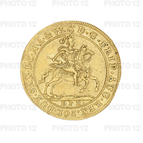 Saxon-Polish ducat, Augustus II the Strong (King of Poland; 1697–1706, 1709–1733; 1670–1733). Obverse: Augustus II on horseback in armor with a mace; below the letters 'EPH.'; rim inscription divided at top by a royal orb: 'DGFRID.AUG.REX.POL.DUX.SAX.ICMA&W.' Reverse: under the crown, between banners, a shield with the coats of arms of Poland, Lithuania, and Saxony; below the sign of a fish; rim inscription divided at top by a crown: 'SAC.ROM.IMP.ARCHIM.ET.ELECT.1702.' Date: 1702. Coin (Poland/Saxony, Leipzig). Material: coin. Diameter: ~23.3–23.5 mm. Weight: 3.47 g.
