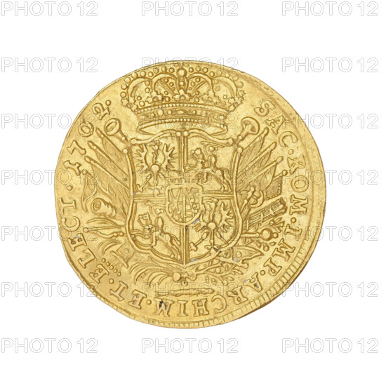 Saxon-Polish ducat, Augustus II the Strong (King of Poland; 1697–1706, 1709–1733), Augustus II the Strong (1670–1733). Saxony, Leipzig (Germany). Obverse: Augustus II on horseback, in armor, with a mace; below, the letters 'EPH.'; rim inscription divided at the top by a royal orb: 'DGFRID.AUG.REX.POL.DUX.SAX.ICMA&W.' Reverse: under the crown, between banners, a shield with coats of arms of Poland, Lithuania, and Saxony; below, the sign of a fish; rim inscription divided at the top by a crown: 'SAC.ROM.IMP.ARCHIM.ET.ELECT.1702.' Date: 1702. Coin (Poland). Diameter: 23.3–23.5 mm. Weight: 3.47 g.