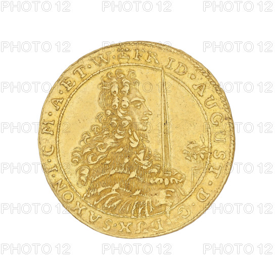 Ducat, Frederick Augustus I (Elector of Saxony; 1694–1733) and Frederick Augustus (Elector and King of Saxony; Duke of Warsaw; 1750–1827). Obverse: half-length portrait of the king in curls/a wig with hair falling over his shoulders, in a royal mantle, facing right, with a sword in his right hand raised upwards; inscription on the rim divided by a globus cruciger: FRID.AUGUST.DGDUX.SAXON.ICMAETW. Reverse: lion to left, standing on hind legs, wearing a crown, holding a raised sword in its right paw and resting its left paw on a coat of arms and crown; coat of arms includes the arms of Saxony. Under the lion, in the rim inscription line, two crossed arrows flanked by the letters I - K. Rim inscription: SAC.ROM.IMPER. .ARCHIM.ET.ELECT.1696. Coin, 1696; diameter approx. 23.3–23.6 mm; weight 3.46 g.