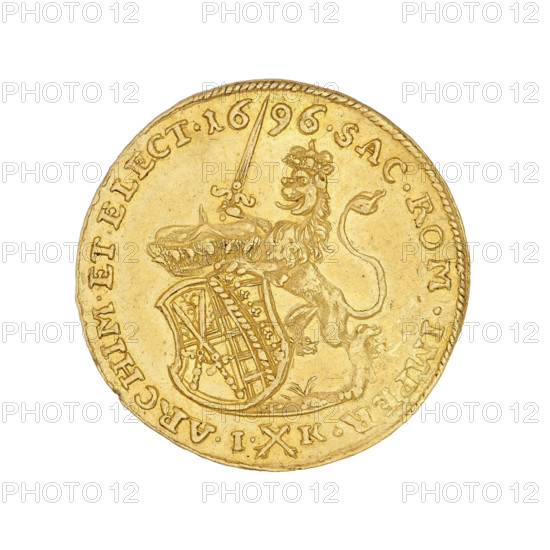 Ducat, Frederick Augustus I (Elector of Saxony; 1694–1733), Frederick Augustus (Elector and King of Saxony; Duke of Warsaw; 1750–1827). Obverse: half-length portrait of the king in curls/a wig with hair falling over his shoulders, in a royal mantle, facing right, with a sword in his right hand raised upwards; inscription on the rim divided by a globus cruciger: FRID.AUGUST.DGDUX.SAXON.ICMAETW. Reverse: lion to left, standing on hind legs, wearing a crown, holding a sword raised upwards in its right paw and dividing the rim inscription; left paw on a coat of arms and a crown. Coat of arms includes the arms of Saxony. Under the lion, in the line of the rim inscription, two crossed arrows with the letters I - K on their sides. Rim inscription: SAC.ROM.IMPER.ARCHIM.ET.ELECT.1696. Coin (Ducat), diameter ~23.3–23.6 mm, weight 3.46 g.