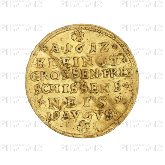 Commemorative ducat on the occasion of the shooting competition in Nysa, Karol (Duke of Nysa; Bishop of Wroclaw; 1608–1624). Obverse: two coats of arms shields; under the mitre a shield with a transverse band; under the bishop's mitre and crosier a four-field shield with the Lower Silesian eagle and six lilies; rim inscription '+ CAROL.ERTZHERZOG.ZVE.OSTERREI', continuous inner rim, diagonal pearl outer rim. Reverse: inscription in six lines 'A1612./KLEINOT./GROSSEN.FREI/SCHISSENS./.NEIS./19 AVGVS' above and at the bottom of the rosette, dots and crosses between words, diagonal pearl border. Date: 1612. Place: Silesia, Duchy of Nysa (1302–1810, 1850), Nysa. Object type: medal or commemorative coin. Diameter: 23.0 mm. Weight: 3.47 g.