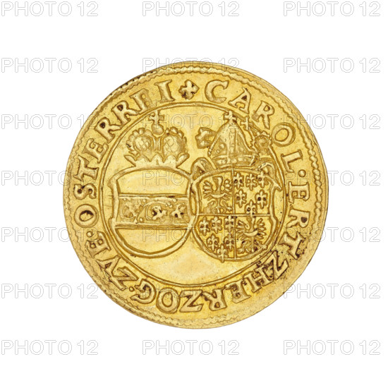 Commemorative ducat on the occasion of the shooting competition in Nysa, Karol (Duke of Nysa; Bishop of Wroclaw; 1608–1624). Obverse: two coats of arms shields; under the mitre a shield with a transverse band; under the bishop's mitre and crosier a four-field shield with the Lower Silesian Eagle and six lilies; rim inscription + CAROL.ERTZHERZOG.ZVE.OSTERREI; continuous inner rim; diagonal pearl outer rim. Reverse: inscription in six lines A1612./KLEINOT./GROSSEN.FREI/SCHISSENS./.NEIS./19 AVGVS with dots and crosses between words and a rosette above and below; diagonal pearl border; dated 1612. Duchy of Nysa (1302–1810, 1850), Silesia, Nysa; medal (or commemorative coin); diameter 22.6 mm; weight 3.46 g.
