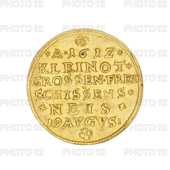 commemorative ducat on the occasion of the shooting competition in Nysa; Karol (Duke of Nysa; Bishop of Wroclaw; 1608–1624). Obverse: two coats of arms shields; under the mitre a shield with a transverse band; under the bishop’s mitre and crosier a four-field shield with the Lower Silesian Eagle and six lilies; rim inscription + CAROL.ERTZHERZOG.ZVE.OSTERREI; continuous inner rim; diagonal pearl outer rim. Reverse: inscription in six lines A1612./KLEINOT./GROSSEN.FREI/SCHISSENS./.NEIS./19 AVGVS: above and at the bottom of the rosette; between the words dots and crosses; diagonal pearl border; dated 1612. Duchy of Nysa (1302–1810, 1850), Silesia, Nysa; medal (or commemorative coin); diameter 22.6 mm; weight 3.46 g.