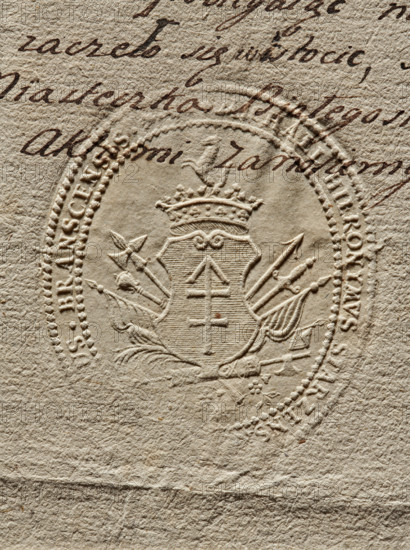 Seal of Michal Hieronim Starzenski, Starost of Bransk. Oval dry impression. Fox (coat of arms) with a jewel above a crowned shield, around a panoply. Inscription around the rim: MICHAEL HIERONYMUS STARZENS, US * BRANSCENSIS, 1776. Poland. Seal. Dimensions: 1: 50 mm; 2: 59.9 mm., A close-up of textured paper in beige and light tan tones showing an embossed oval seal with a crowned shield at its center surrounded by decorative elements and a beaded oval border, with a few inked handwritten lines in dark brown visible above and partially overlapping the seal; the embossed design includes spear- and flag-like motifs radiating from the shield and subtle raised floral and scroll details, all set against the fibrous, slightly creased paper background.